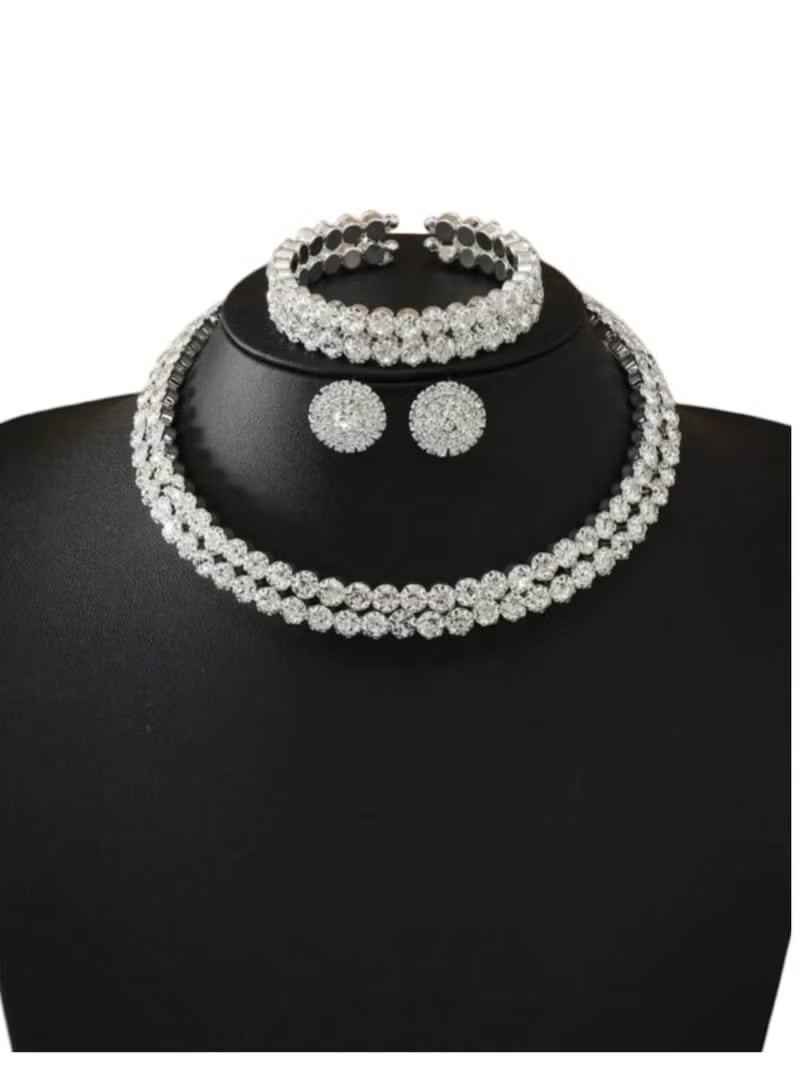 One Gorgeous and Elegant Double Row Rhinestone Necklace, Earrings and Bracelet Set Suitable for Daily Wear and Gift for Women - Image 1